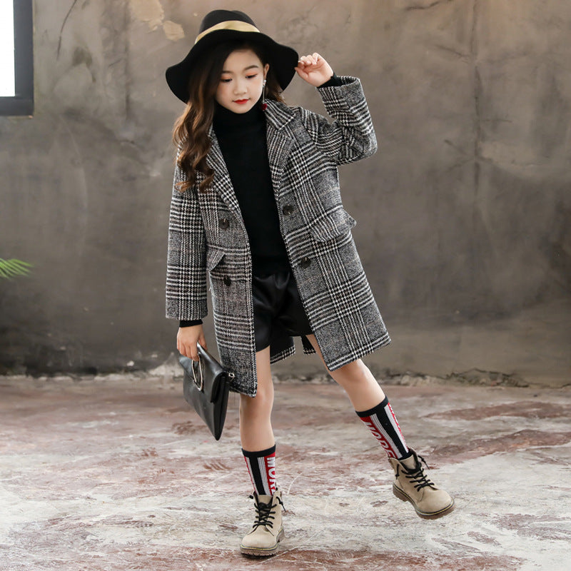Girls' Houndstooth Plaid Coat – Long Sleeve Woollen Jacket (Sizes 110–160cm)