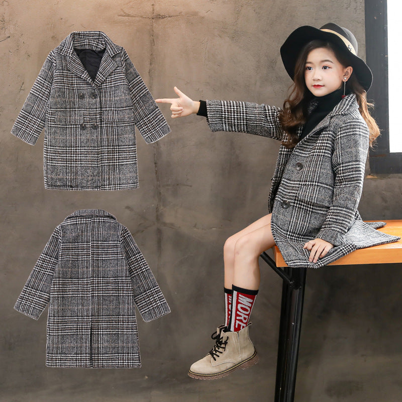 Girls' Houndstooth Plaid Coat – Long Sleeve Woollen Jacket (Sizes 110–160cm)