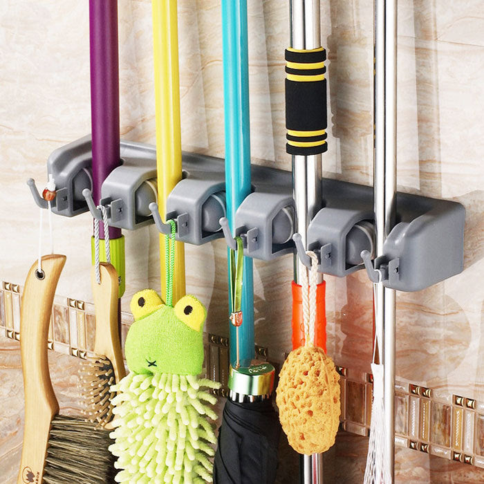 Wall-Mounted Mop & Broom Holder with Hooks