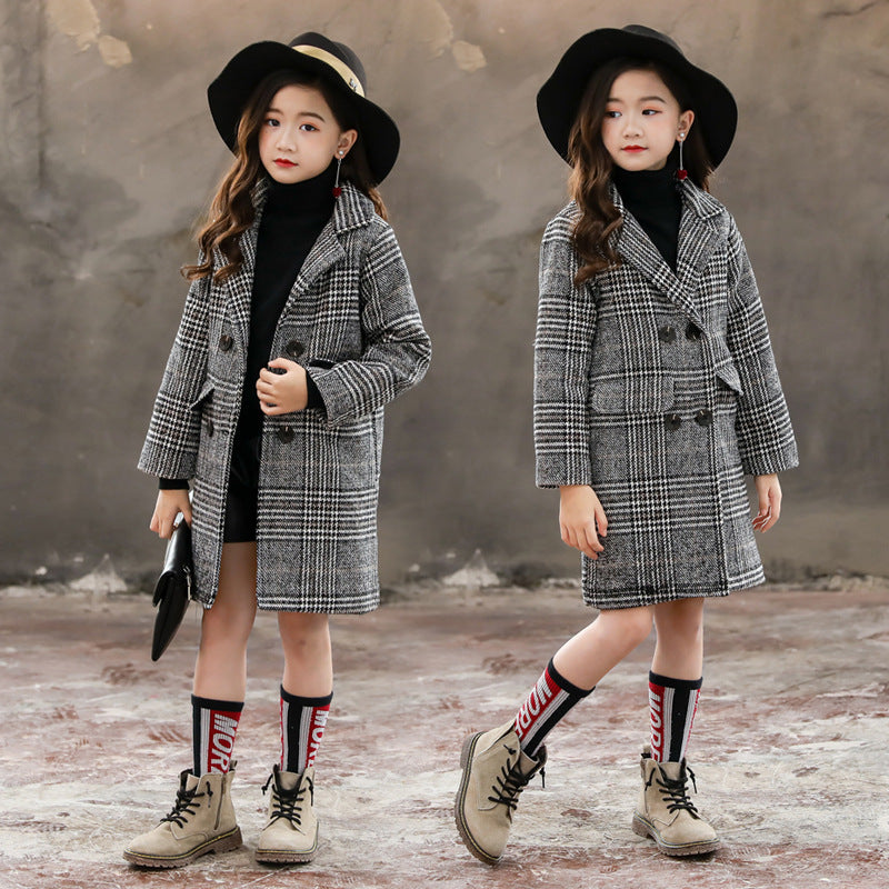 Girls' Houndstooth Plaid Coat – Long Sleeve Woollen Jacket (Sizes 110–160cm)