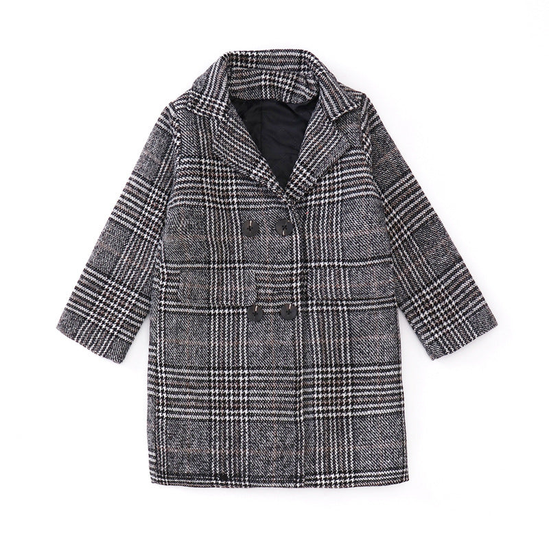 Girls' Houndstooth Plaid Coat – Long Sleeve Woollen Jacket (Sizes 110–160cm)