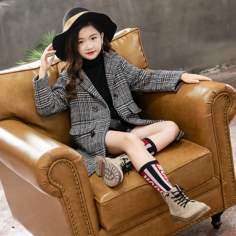 Girls' Houndstooth Plaid Coat – Long Sleeve Woollen Jacket (Sizes 110–160cm)