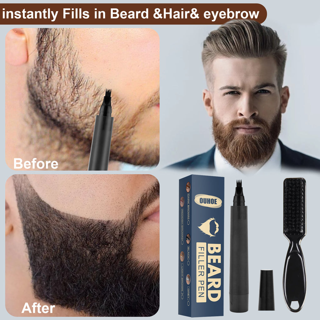 Beard Pencil Filler Kit | Waterproof Four-Fork Tip Beard Filling Pen with Brush