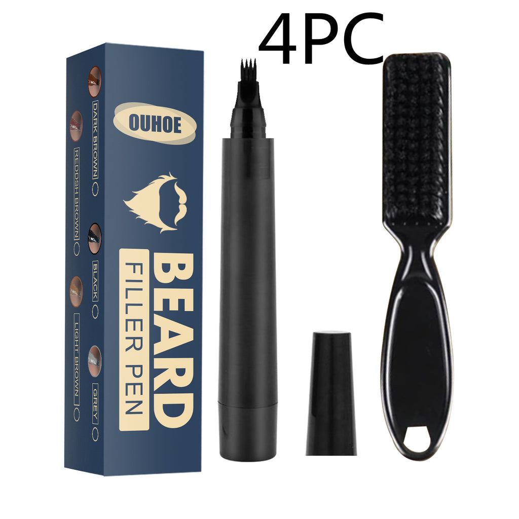 Beard Pencil Filler Kit | Waterproof Four-Fork Tip Beard Filling Pen with Brush